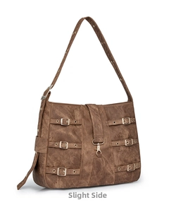 Detail of vintage dark brown tote bag featuring metallic buckles and wide shoulder strap