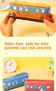 Detail of high-capacity bus-shaped canvas pencil case with cute cartoon school bus prints