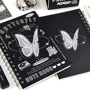 Detailed view of black spiral notebook featuring translucent butterfly and art text