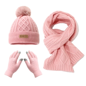 Kids Winter Hat Scarf And Gloves Acrylic Cable Knit Fleece Lined Warm Pom Pom Touchscreen For Children