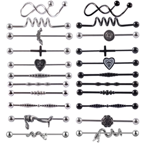 Industrial Barbells Earrings Stainless Steel Snake Cross Heart Flower Piercing Jewelry For Women Men Punk Style