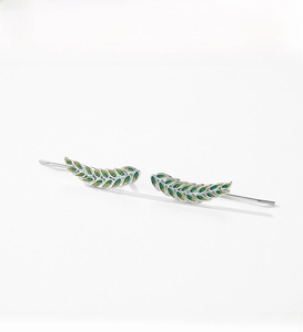 Detail of s925 silver leaf earrings with green and yellow enamel gradient finish