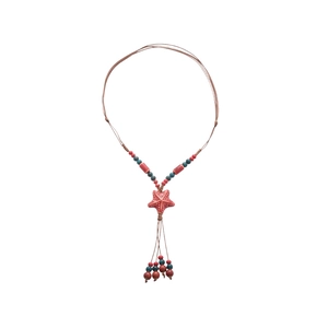 Bohemian wax cord necklace featuring a red ceramic starfish pendant and colorful beads