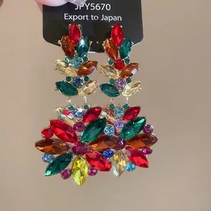Exquisite multi-color crystal flower earrings featuring vibrant rhinestone leaf design