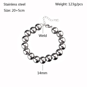Close-up of 14mm thick stainless steel beaded bracelet with detailed size specifications
