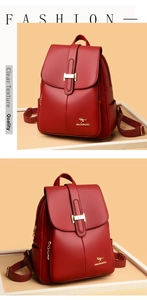 Detail of red litchi texture backpack with golden H buckle and kangaroo logo