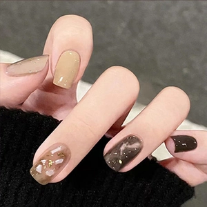 Kurze Aufpressnägel Kaffee Marmor Smudge Design Goldfolie Muschel Dekor Quadratisch Rund Künstliche Nägel Abnehmbar