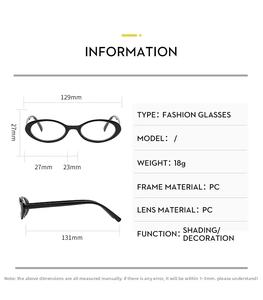 Size chart for vintage small frame glasses with detailed PC frame and lens measurements