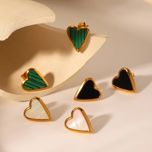 Stainless steel heart earrings with green striped, black and white shell inlays