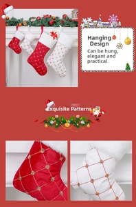 Detailed view of red and white velvet Christmas stockings with gold sequin plaid and faux fur cuff