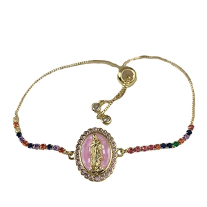 Adjustable gold chain bracelet with colorful zircons and Virgin Mary oval medallion