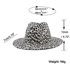 Classic white leopard print wool fedora hat with size specifications for men and women