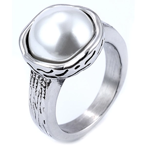 Minimalist stainless steel ring with a large white pearl and vintage textured silver band