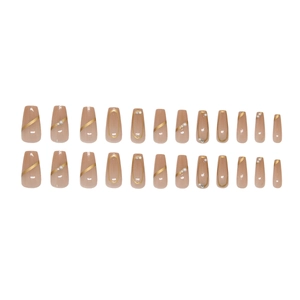 Set de 24 faux ongles nude avec motifs dorés et perles blanches élégantes