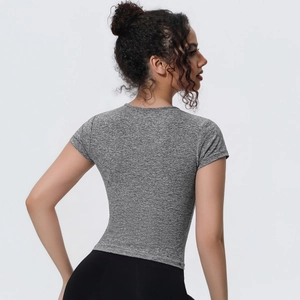 Detailed back view of a slim fit heather grey yoga t-shirt with breathable fabric texture
