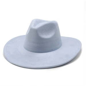 Close-up of light blue suede fedora hat brim with high-quality reinforced stitching