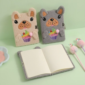 Detailed view of plush dog notebooks with embroidery, lined pages and fluffy textures