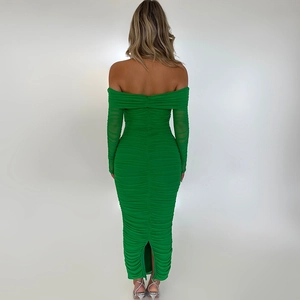 Green off-shoulder long sleeve ruched maxi dress with back slit detail for women