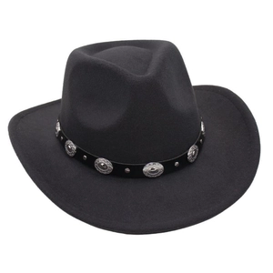 Detail of black felt cowboy hat with leather band and silver oval metal concho studs