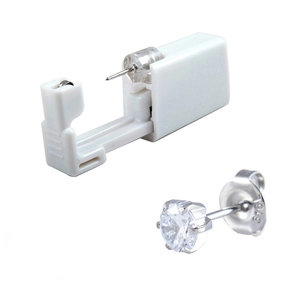 Disposable ear piercing gun with a 316L stainless steel crown stud on white background