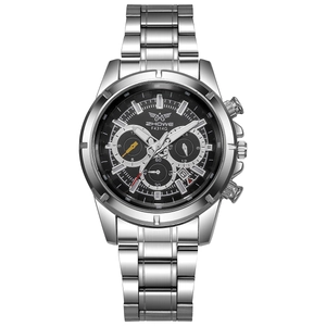 Silver stainless steel business watch for men with black dial and three sub-dials