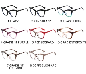 Collage showing cat eye anti-blue light glasses frames in eight different stylish color patterns