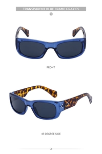 Front and side view of square sunglasses with blue frame and tortoise temples