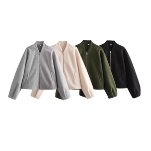 Women Bomber Jacket Polyester Soft Woolen Texture Loose Long Sleeve Stand Collar Zipper Solid Color Casual Coat