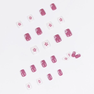 Short square lavender floral press-on nails set with glossy pink and white flower design