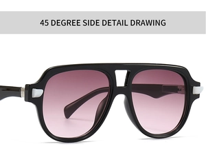 Detailed 45-degree side view of pilot sunglasses with black frame and pink gradient lenses
