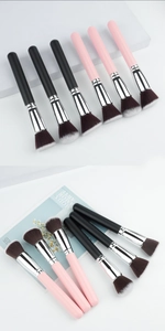 Detail of angled and round foundation brushes with gradient bristles and matte handles