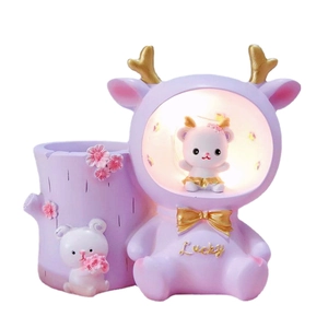 Creative purple rabbit pen holder with starry night light for children's desk decor