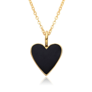 Close-up of black enamel heart pendant with 14K gold plating on a fine chain