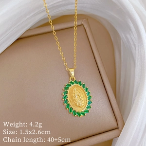 Golden oval pendant with Virgin Mary relief and green stones, 4.2g, 40+5cm chain length