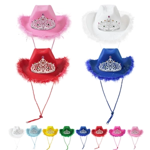 Western Cowboy Hat With Tiara Crown Feather Trim Cowgirl Party Hat Felt Masquerade Cosplay Fancy Dress Accessory
