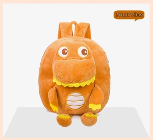 Front view of bright orange plush dinosaur backpack with 3D eyes and embroidery details