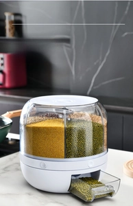 Rotating grain dispenser with six transparent compartments and drawer-style outlet
