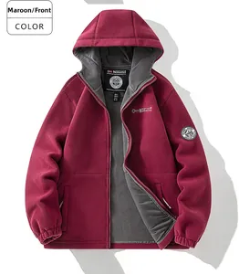 Detail of burgundy thick double-layer hooded fleece jacket with full zipper and gray lining