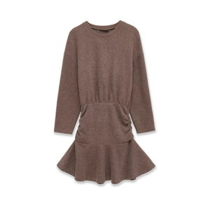 Brown crew neck knitted dress with long sleeves and ruffled fishtail hemline