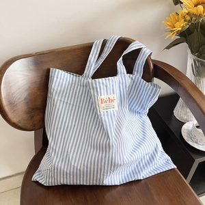 Borsa tote casual a righe blu in cotone stile francese con ricamo Bébé raffinato