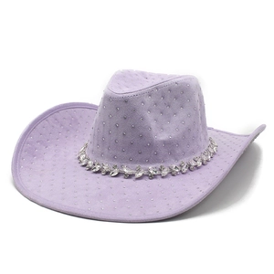 Lavender cowboy hat with rhinestone band and shimmering studs on wide brim