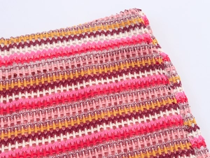 Close-up of multicolored striped crochet knit fabric showing detailed texture and patterns