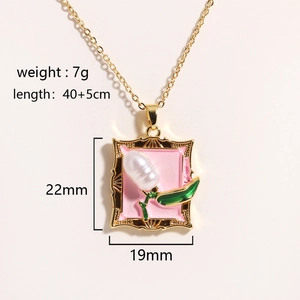 Detail of oil painting style flower pendant with natural freshwater pearl and size specs