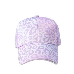 Detailed close-up of a pink leopard print baseball cap with classic curved brim