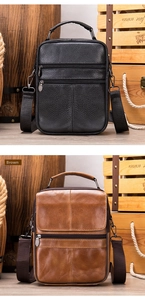 Detailed comparison of brown and black leather messenger bags with litchi grain texture