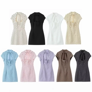 Women Polka Dot Mini Dress Polyester Short Sleeve Hollow Out Bow Tie Back Zipper Retro Bodycon Fashion Sweet Sexy