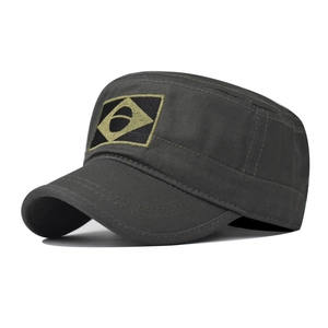 Detail of a dark grey military patrol cap featuring an embroidered Brazil flag patch