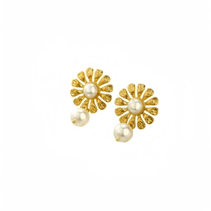 Elegant gold flower pearl earrings with sunflower design and pearl drops on white background