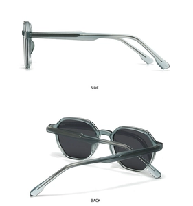 Detail view showing side and back angles of transparent grey polarized round sunglasses