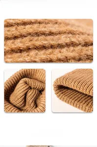 Detail showing thick ribbed knit texture and wide cuff on coffee brown beanie hat